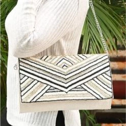 America & Beyond The Beaded Glam Clutch In Gold Black Cream Handbags