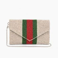 America & Beyond The Striped Beaded Clutch In Champagne
