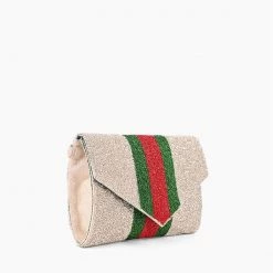 America & Beyond The Striped Beaded Clutch In Champagne