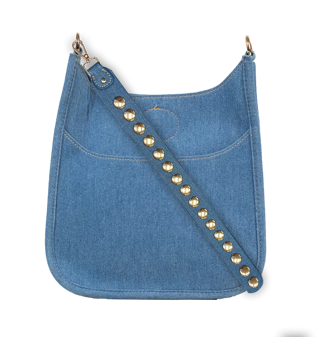 Ahdorned The Mini Messenger With Stud Strap In Light Denim Handbags 1 Ahdorned The Mini Messenger With Stud Strap In Light Denim Handbags