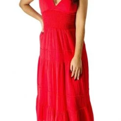 Felicite Contemporary Clothing The V-Neck Smocked Maxi In Bombshell