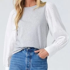 Fifteen Twenty The Mixed Media Eyelet Top In Light Heather Grey
