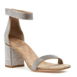 Jeffrey Campbell The Square Toe Pave Crystal Mid Heel Sandal In Nude Champagne Shoes