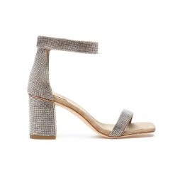 Jeffrey Campbell The Square Toe Pave Crystal Mid Heel Sandal In Nude Champagne Shoes