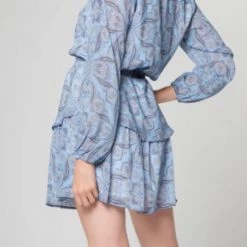 Lavender Brown Contemporary Clothing The Long Sleeve Paisley Dress In Light Blue