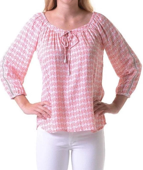 Walker & Wade Contemporary Clothing The Peasant Top In Coral Geometric 1 Walker & Wade Contemporary Clothing The Peasant Top In Coral Geometric