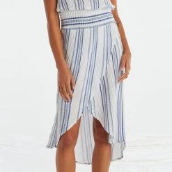 Red Haute Contemporary Clothing The Wrap Front Dress In Blue Stripe
