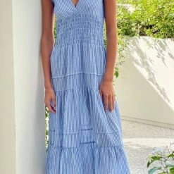 Felicite The V-Neck Smocked Dress In Blue Stripe Contemporary Clothing