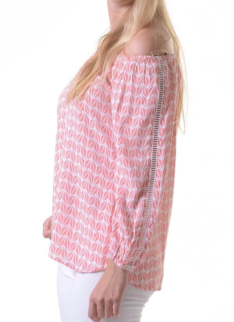 Walker & Wade Contemporary Clothing The Peasant Top In Coral Geometric 2 Walker & Wade Contemporary Clothing The Peasant Top In Coral Geometric